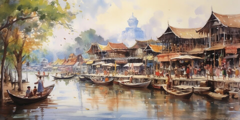 watercolor painting Amphawa Floating market, Amphawa, Thailand