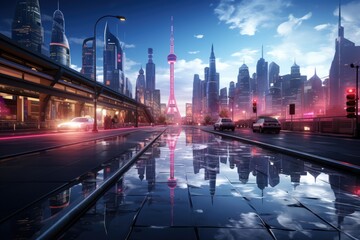 Fototapeta premium A city intersection with holographic billboards.Generated with AI
