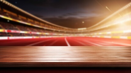 wooden table on an athletic course with a blurry stadium background