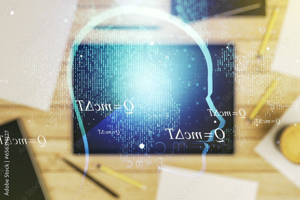Poster creative artificial intelligence concept with human head sketch and modern digital tablet on desktop
