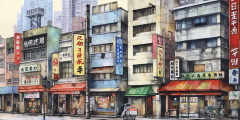 watercolor painting Tokyo See buildings and places as landmarks generative ai