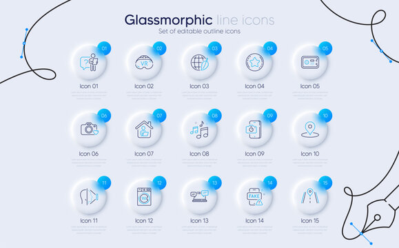 Set of Fake news, Music and Search employee line icons for web app. Road, Dryer machine, Internet chat icons. Environment day, Pin, Vr signs. Photo camera, Phone photo, Loyalty star. Vector