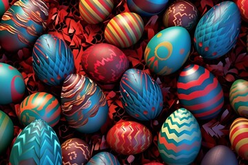 Vibrant, holiday-themed image with colorful eggs featuring various patterns. Three-dimensional rendering. Generative AI