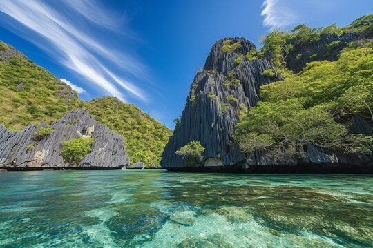 Scenic rock cliff and clear reef water in El Nido, Palawan, Philippines. Generative AI