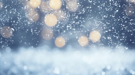 Fototapeta na wymiar Abstract blurred bokeh snow background with Christmas and copy space, holiday celebration concept