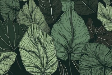 Pattern with green vintage leaves, palm, and colocasia. Hand-drawn illustration suitable for wallpapers, cloth, fabric printing, goods. Generative AI