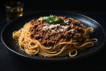 Dark plate with italian spaghetti on dark