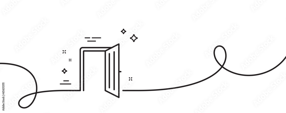 Poster open door line icon. continuous one line with curl. entrance doorway sign. building entry symbol. op
