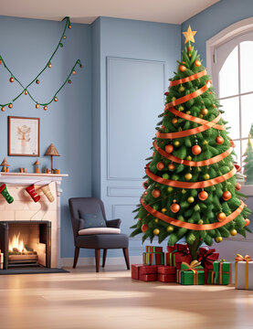 Merry christmas and happy new year. Christmas inside house, tree, fireplace and gifts. Xmas background.
