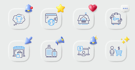 Wallet, Buyer and T-shirt line icons. Buttons with 3d bell, chat speech, cursor. Pack of Market, Online shopping, Baggage icon. Balcony, Luggage pictogram. For web app, printing. Vector