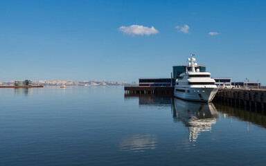 Yacht Club and moored yacht. Baku Boulevard. Baku, Azerbaijan.