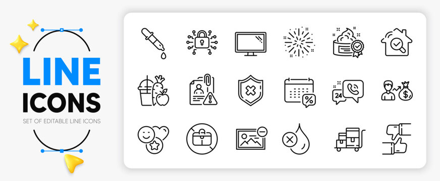 Inventory cart, Cream and Chemistry pipette line icons set for app include Smile, Juice, Search employee outline thin icon. Calendar tax, No handbag, Fireworks explosion pictogram icon. Vector