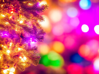 Seasonal background of de-focused lights with decorated tree. Celebration concept. Soft focus. Horizontal