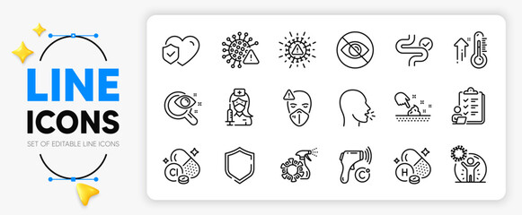 Digestion, Checklist and Coronavirus line icons set for app include Vitamin h, Coronavirus spray, Vision test outline thin icon. Skin moisture, Chlorine mineral, Life insurance pictogram icon. Vector