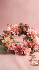 Wreath of fresh pink flowers on a pink background, generative AI.