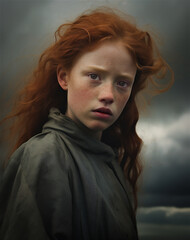 Outdoor closeup portrait of a young female model with red hair wearing a dark top. Stern expression on her  face. Gathering storm clouds. Dramatic pose.
