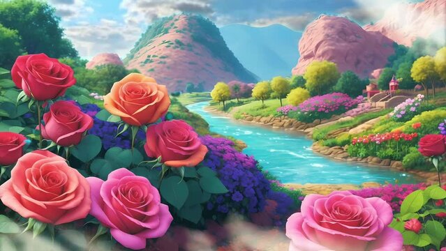 beautiful rose flower garden with river and hill panorama,  Cartoon or anime watercolor painting illustration style. seamless looping 4K time-lapse virtual video animation background