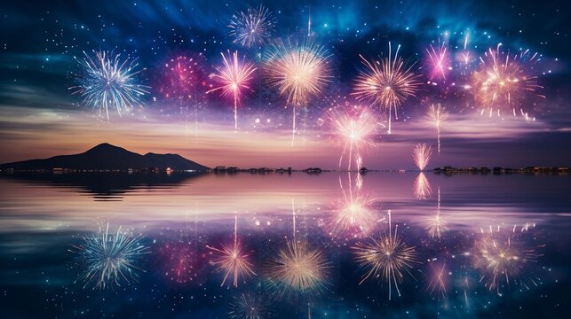 A serene scene showcasing fireworks reflecting in a calm body of water, creating a mesmerizing mirror effect, with space for text. Background image. AI generated