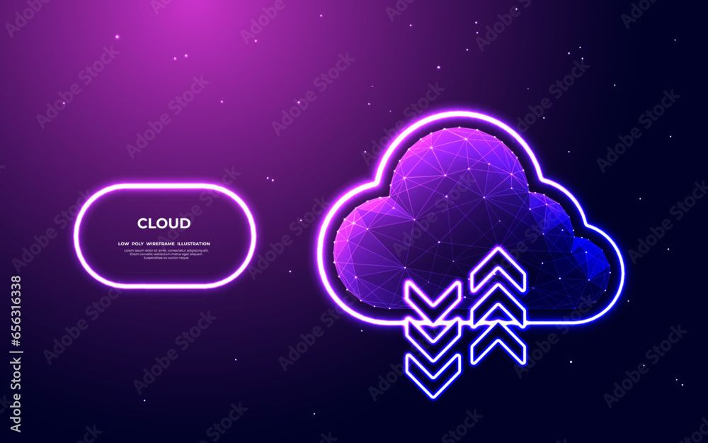Poster Abstract digital cloud computing icon with neon arrows up and down on a futuristic cyberpunk blue-purple background. Neon light arrows and low poly cloud storage icon. Data technology concept.