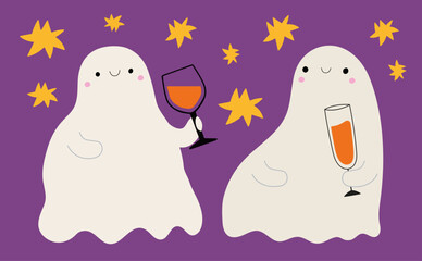 Vector illustration with couple of ghosts drinking wine and drinks from glasses together. Purple background with stars. Halloween party print poster, greeting card template - 656316510
