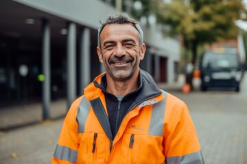 Portrait of a middle-aged man in an orange reflective vest. - Powered by Adobe