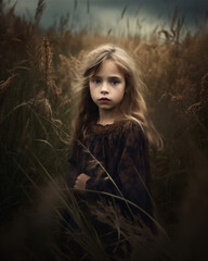 Portrait of a young girl with long brown hair standing in a dark autumn cornfield and wearing a brown dress. Sad expression.