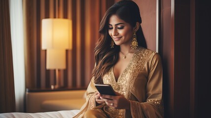 Rich, attractive Indian woman using her phone in a five-star hotel room while dressed in opulent ethnic clothing. Film photography-styled portrait with muted colors filters