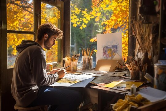 Art Student Immersed in Sketching. Generative AI