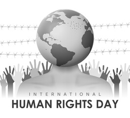 Human Rights Day. Vector black and white illustration with globe, hands and barbed wire.