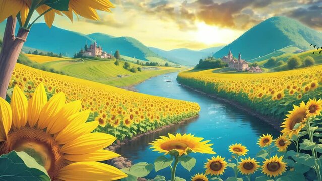 beautiful sunflower garden with river and hill panorama,  Cartoon or anime watercolor painting illustration style. seamless looping 4K time-lapse virtual video animation background
