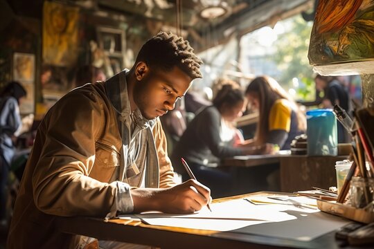 Art Student Immersed in Sketching. Generative AI