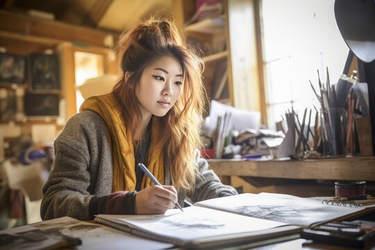Art Student Immersed in Sketching. Generative AI