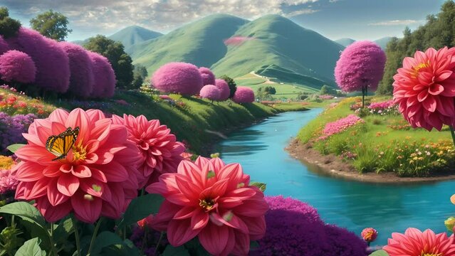 Dahlia flowers in the garden with river and mountain panorama,  Cartoon or anime watercolor painting illustration style. seamless looping 4K time-lapse virtual video animation background