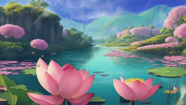 lotus flower in the lotus pond,  Cartoon or anime watercolor painting illustration style. seamless looping 4K time-lapse virtual video animation background