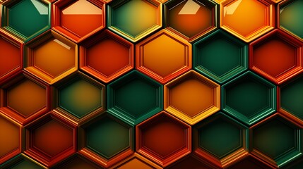 An abstract 3D illustration of symmetrical, repeating orange and red gradient patterns with geometrical lines and shapes overlapping green hexagon tiles.