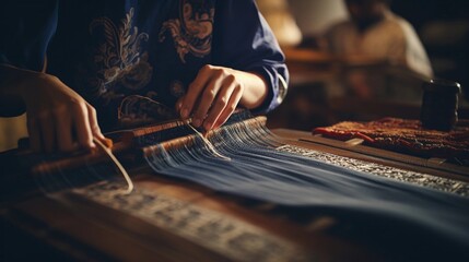 An artistic composition featuring a skilled artisan weaving brocade patterns on a loom. Background image. AI generated - obrazy, fototapety, plakaty