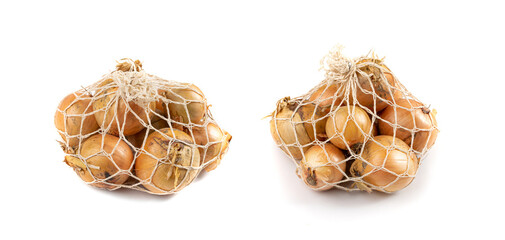 Onion Sack Isolated on White Background, Bio Onion Pile in Natural Biodegradable Bag