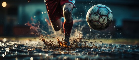 Soccer player kicking the ball on the football field. Close-up of a soccer player in action. - obrazy, fototapety, plakaty