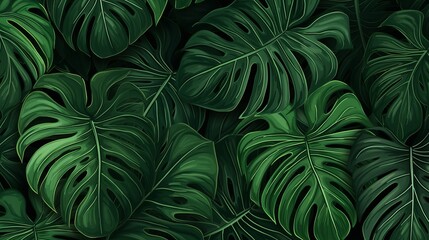 Background of botanicals and abstract foliage. Green tropical forest wallpaper with hand-drawn monstera, palm, and branch patterns