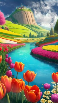 beautiful tulip flower garden with river and hill panorama,  Cartoon or anime watercolor painting illustration style. seamless looping 4K time-lapse virtual video animation background