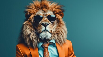 A lion in an orange suit and sunglasses on a blue background, created with Generative Ai technology.