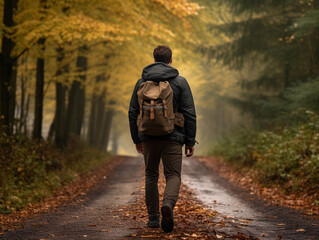 Young men with backpack walking in autumn park, Hiking, Forest, Journey, active healthy lifestyle, adventure, vacation concept.