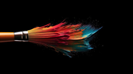 Fototapeta premium Paint brush and splash of paint on a black background, generative AI.