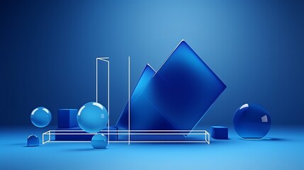 3D geometric shapes on a blue background with a glassmorphism square plate in the middle.