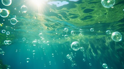 Underwater bokeh and bubbles in the Californian ocean's clear, green water - obrazy, fototapety, plakaty