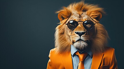 A lion in an orange suit and sunglasses on a blue background, created with Generative Ai technology. - obrazy, fototapety, plakaty