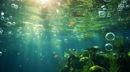 Fototapeta na wymiar Underwater bokeh and bubbles in the Californian ocean's clear, green water