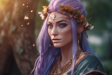 Druid purple hair. Woman cute portrait. Generate Ai - obrazy, fototapety, plakaty