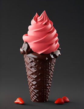 sweet chocolate cone  ice cream with strawberry .