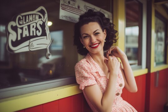 Retro pinup girl with red lips and curly hairstyle in a pink dress in a cafe